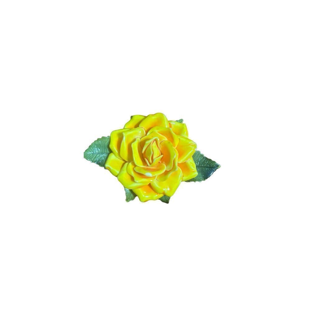 Vintage Yellow Rose Enamel Flower Brooch Green Leaves
